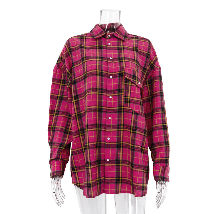 Retro Classic Plaid Long Sleeved Shirt Early Spring Fashionable Outerwear Loose Shirt Women