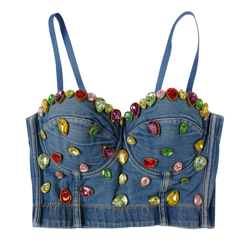 Star Internet Celebrity Stage Corset Gem Colorful Crystals Denim Camisole Women Cropped Tee Dress