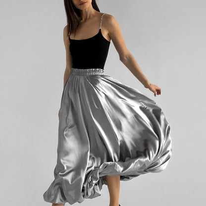 French Design Reflective Cloth High Waist Balloon Autumn Women Long Skirt