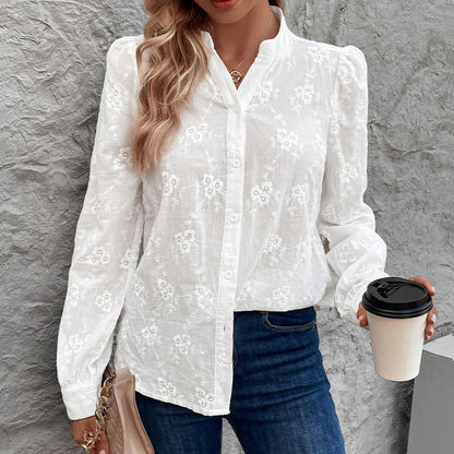 Damenbekleidung Cardigan Shirt Langarm Aushöhlen Cutout Out Spitzenoberteile Jacquard Shirt