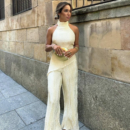 Ropa de mujer Conjunto de pantalones casuales de cintura alta sin espalda de color sólido sin mangas de verano