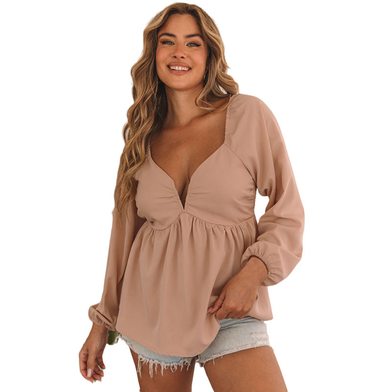 Sexy Loose V Neck Long Sleeved Shirt Women Autumn Solid Color Pleated Design Pullover Women