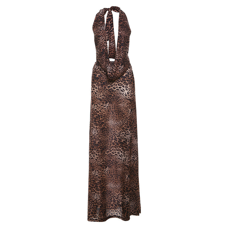 Sommer Damen Kleidung Sexy Deep V Plunge Hals Schnürung Neckholder Spaghettiträger Hüfttasche Leopard Print Rock Set