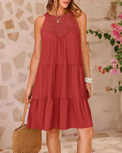 Women Clothing Popular Hollow Out Cutout Lace Stitching Halter A line Dress