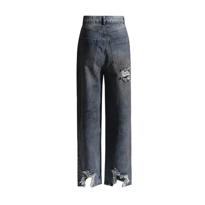 Frühling Trendy Distressed Design Zerrissene Jeans Persönlichkeit Alle Match Hohe Taille Schlankheitshose