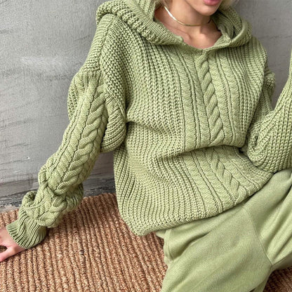 Women Clothing Autumn Street Shooting Hooded Long Sleeve Knitted Sweater