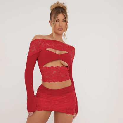 Damen Kleidung Sommer Spitzennähte schulterfrei Aushöhlen Cutout Top Stretch Rock Set