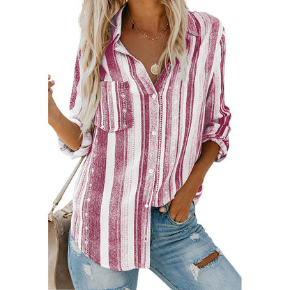 Striped Shirt Women Autumn Collared Single Breasted Long Sleeve Loose Cardigan Top Women