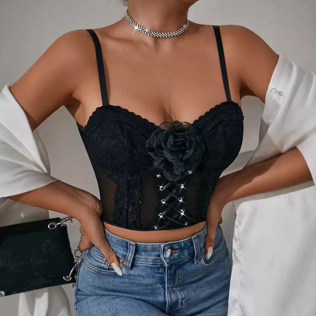 Sexy Sexy Mesh Wrapped Chest Strap Floral Boning Corset Casual Women Vest