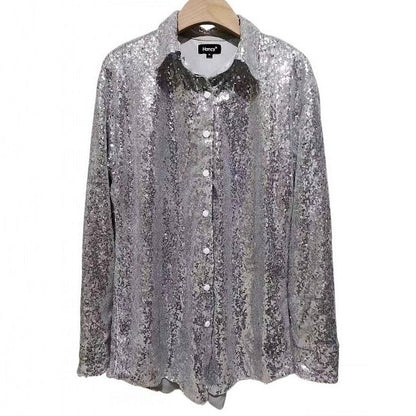 Women Sequin Long Sleeve Loose Mid Length Sequined Shirt