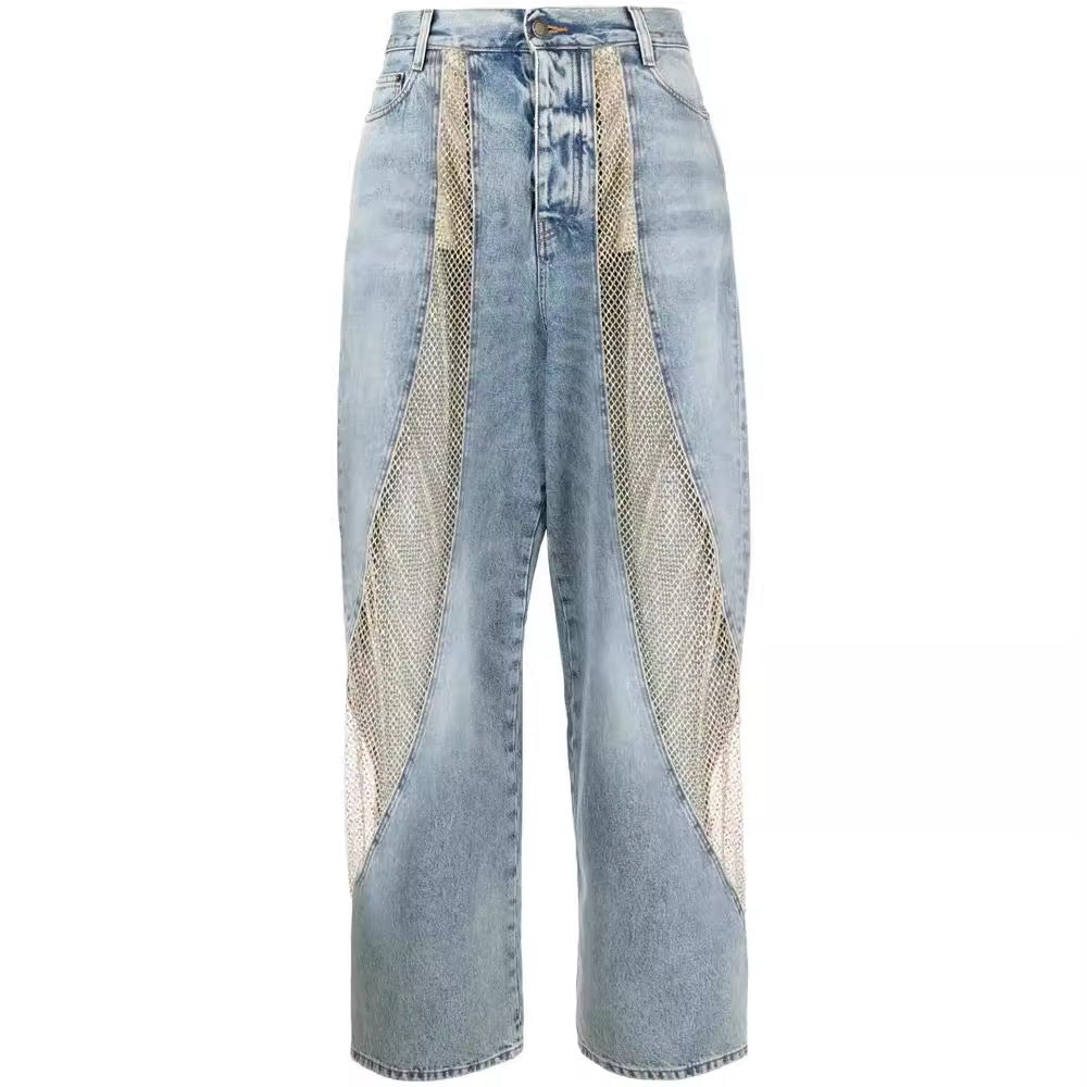 Minority Hollow Out Cutout out See through Mesh Laser Rhinestone Stitching Washed Worn High Waist Wide Leg Jeans for Women