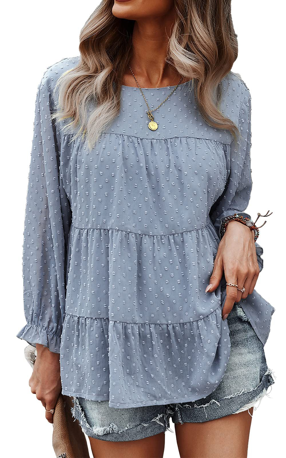 Women Clothes Spring Autumn Loose Chiffon Shirt Long Sleeve round Neck Ruffle Top Babydoll