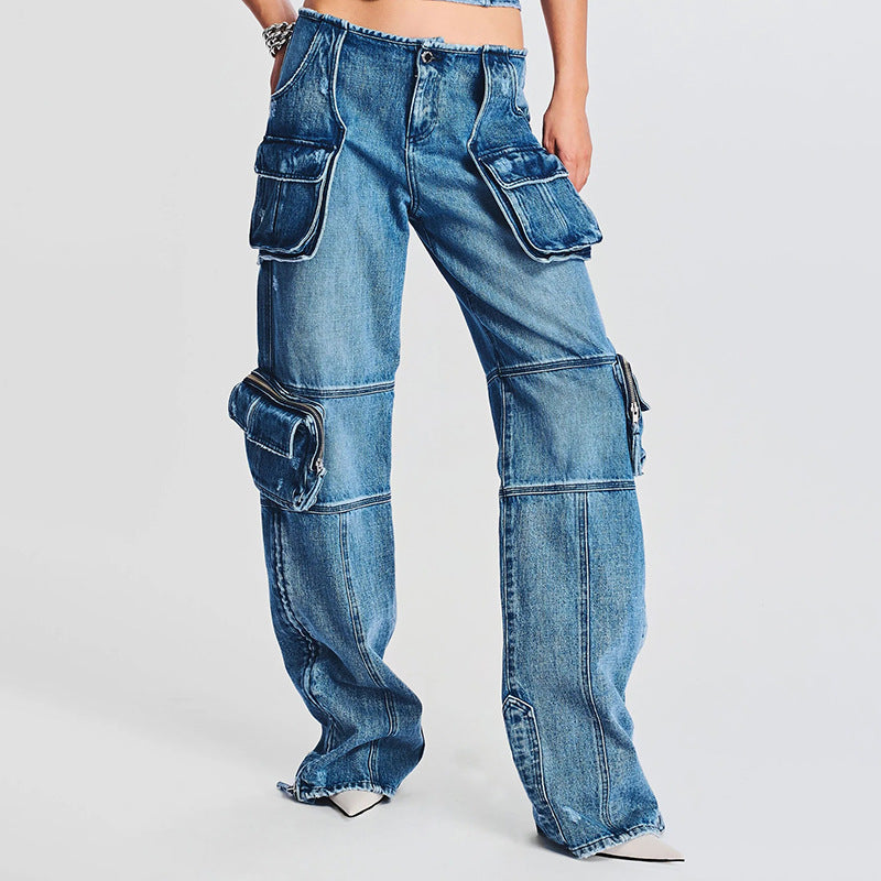 Spring High Street Design Pocket Stitching Tooling High Waist Straight Jeans Trousers for Women