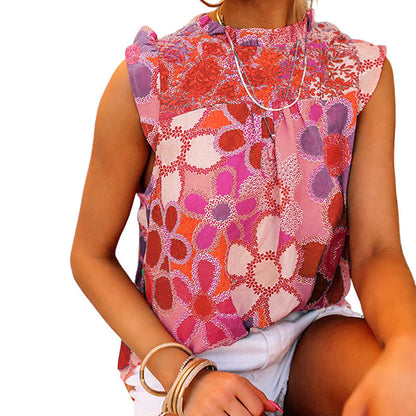 Sleeveless Ruffled Printed Top Women Floral Printed round Neck Chiffon Pullovers Women