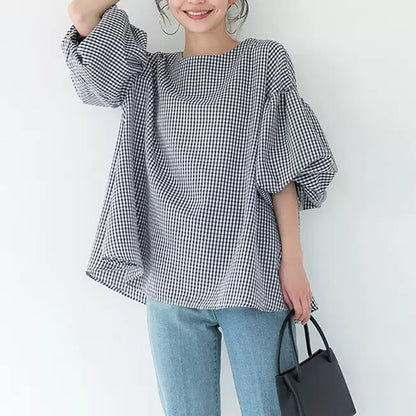 Summer Loose Large Women Shirt Cotton Oversized Lantern Sleeve Round Neck Top