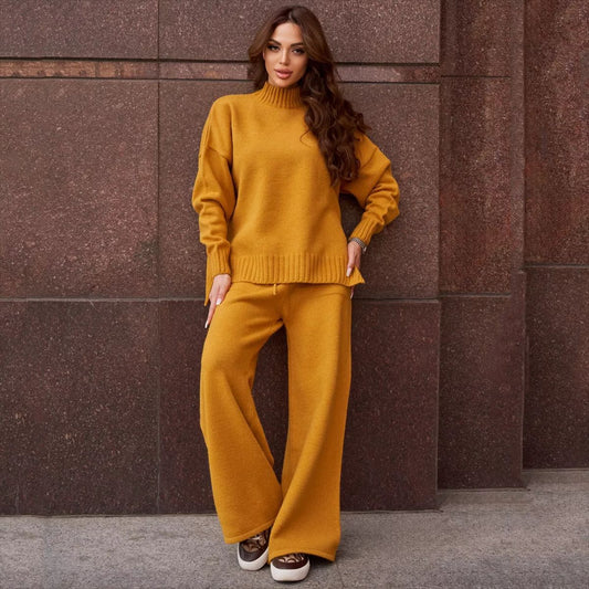 Women Clothing Solid Color Stand Collar Split Casual Sweater Sweater Pullover Knitted Trousers Loose Two Piece Sets