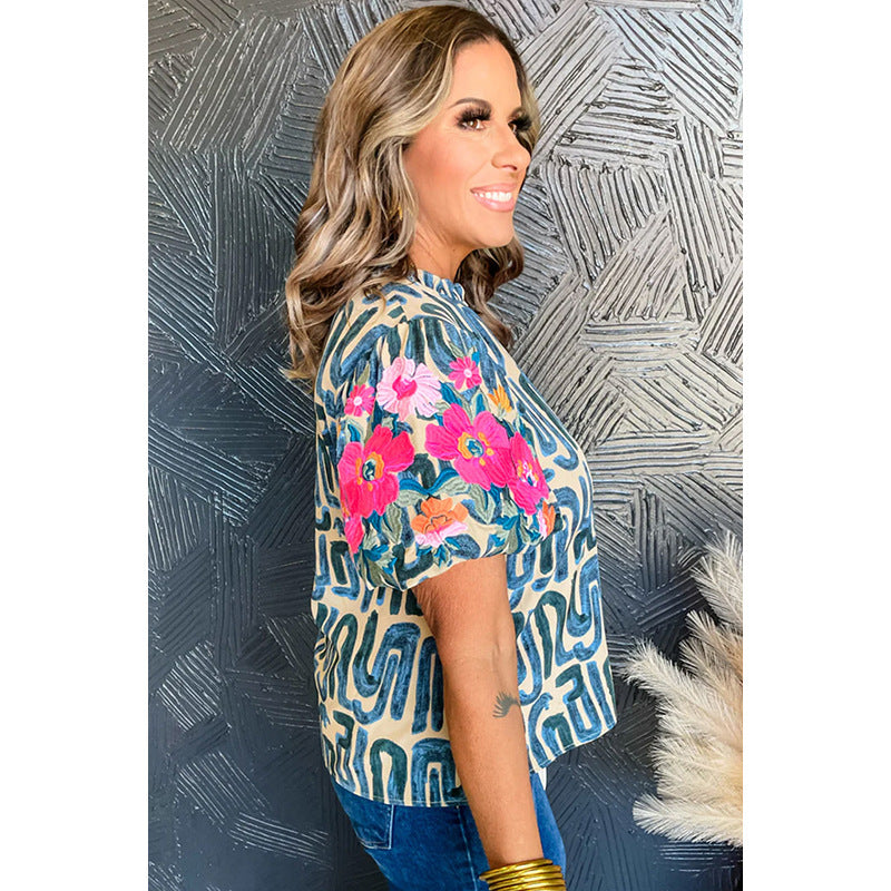 Camiseta de manga corta con estampado Floral para mujer, jersey con cuello levantado y contraste de Color, primavera y verano