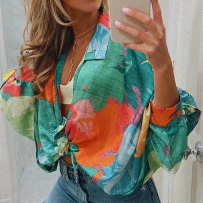 Summer Women Clothes Office Abstract Printing Cardigan Long Sleeve Loose Casual Shirt