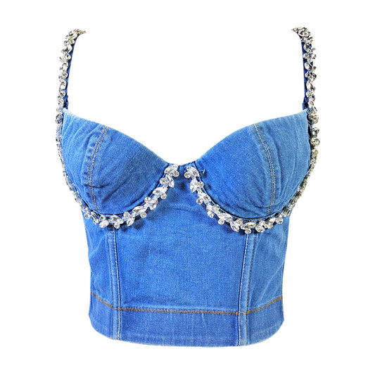 Sexy Denim-Tube-Top, figurformend, kurzer, nackter Rücken, sexy Wind-Camisole mit Diamanten besetztem Korsett-Top mit Stäbchen