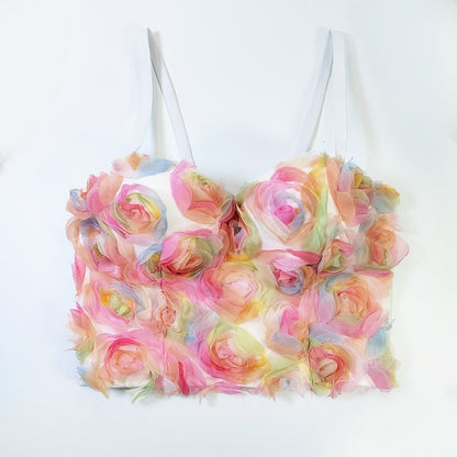 Mujer dulce fresco pintado Floral tubo superior sal lindo deshuesado corsé Sling chaleco elástico delgado