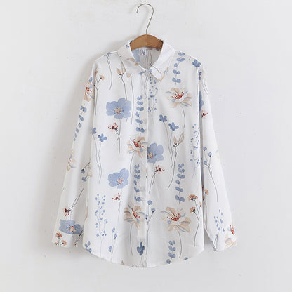 Women Floral Print Loose Collared Long Sleeves Shirt Top