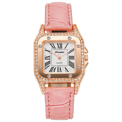 Reloj de mujer con cinturón de diamantes cuadrados y números romanos simples