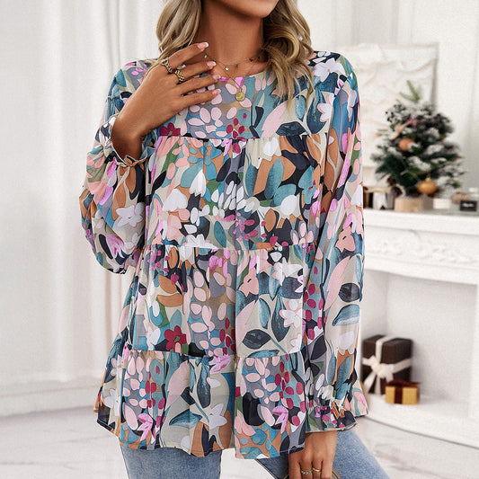 Women Clothing Autumn Winter Casual Long Sleeve Printing Ruffle Top