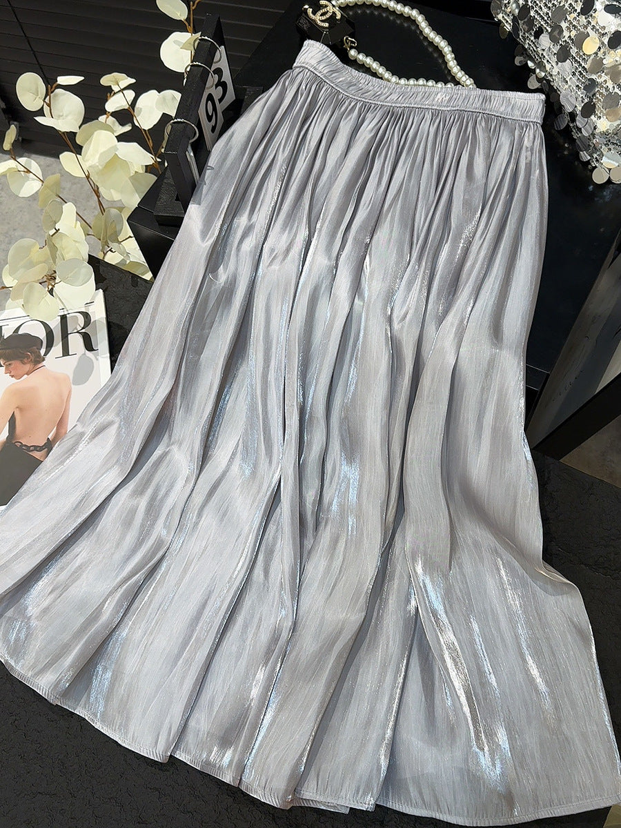 Retro Fashionable Pleated Drooping Slimming High Waist A line Skirt High Grade Glossy Pearlescent Chiffon Pleated Skirt