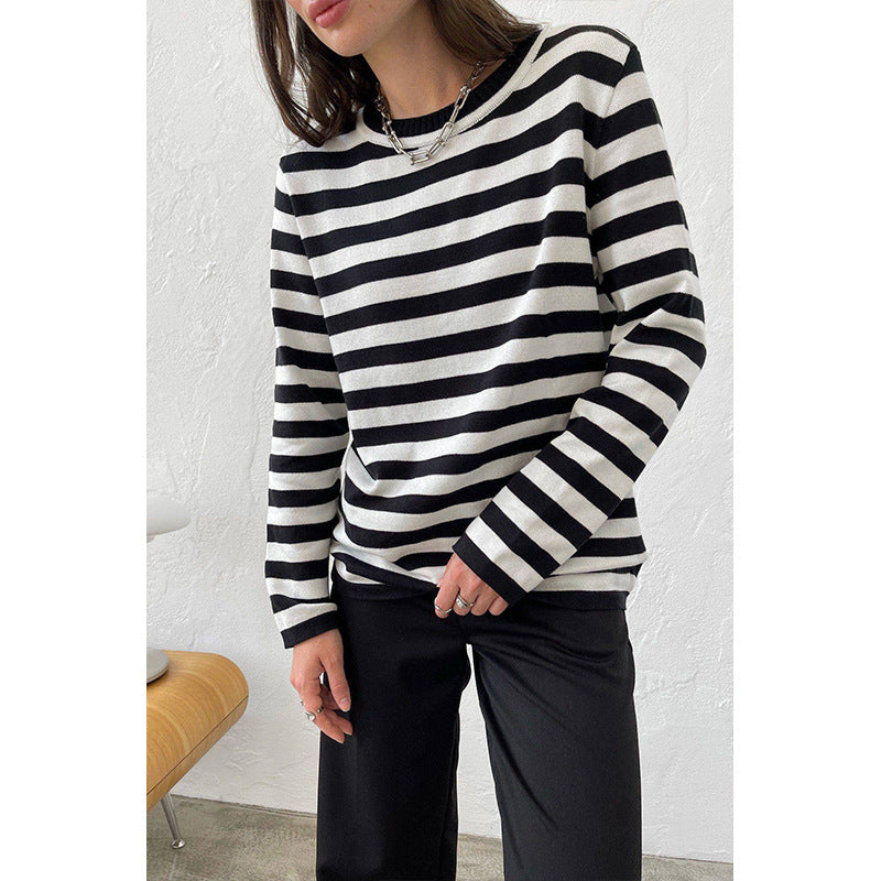 Round Neck Knitted Striped Sweater Autumn Winter Wild Classic Retro Striped Pullover Sweater for Women