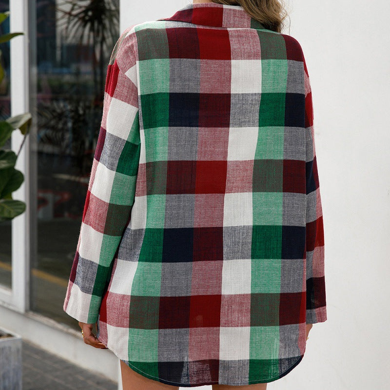 Loose Casual Color Plaid Mid-Length Shirt Single-Breasted Long Sleeve Plaid Top for Women