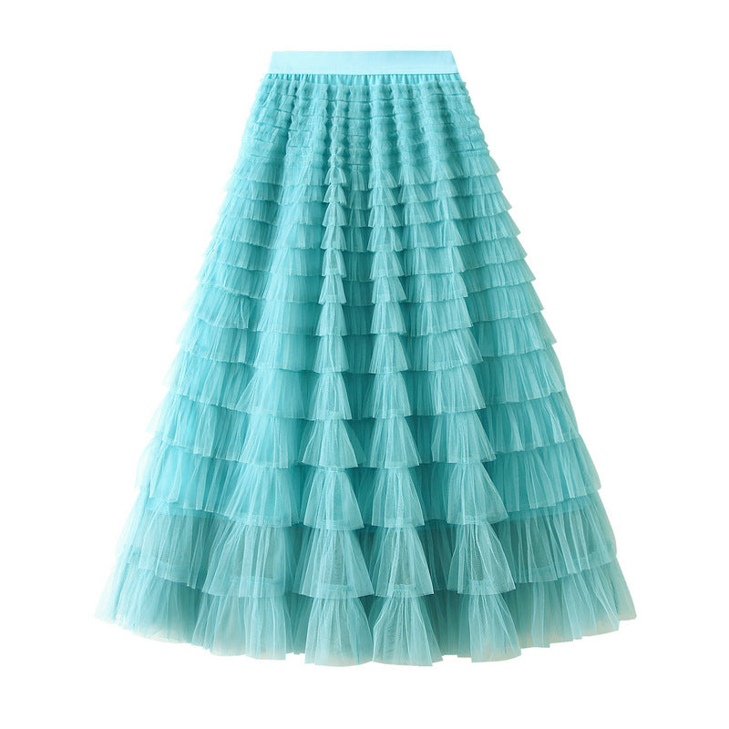 Mesh Tiered Skirt Women Spring Autumn Dress Fairy White Yarn Skirt Pleated