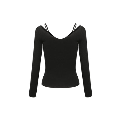 Slim Fit Backless Design Slimming Jumper Women off-the-Shoulder Inner Wear Sweater Black Knitwear Women