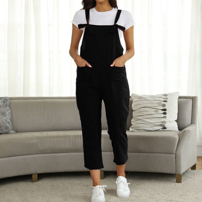 Spring Summer Women Clothing Artistic Cotton Linen Suspender Casual Trousers Jumpsuit