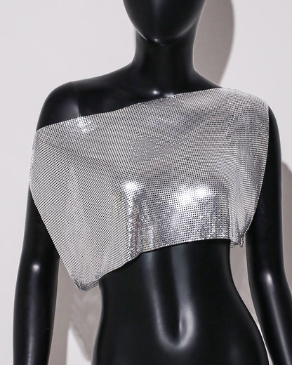 Ropa de mujer Top con lentejuelas de malla de aluminio Top con hombros oblicuos y personalidad para mujer Chaleco con escote descubierto