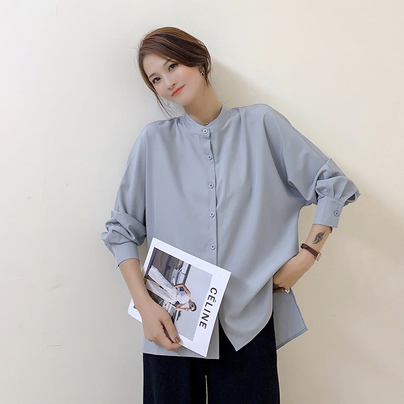 Long Sleeve Autumn Women Long Sleeve Shirt Loose Batwing Sleeve Side Slit Shirt