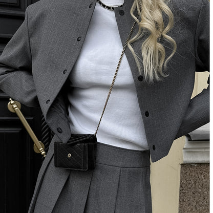 Striped Popular Stand up Collar Long Sleeved Slim Fit Elegant High Waist Short Skirt Two Piece Casual Skirt Set