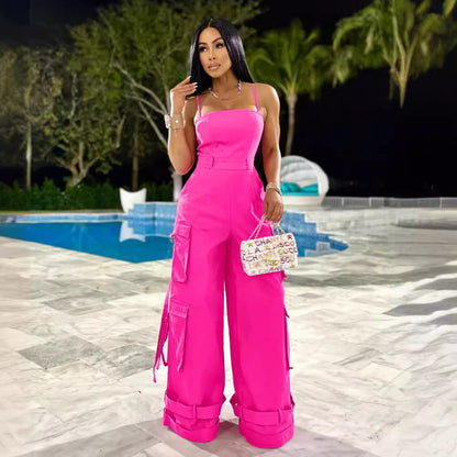 Women Clothing Sexy Tube Top Multi Pocket Workwear Jumpsuit Wide Leg Jumpsuit