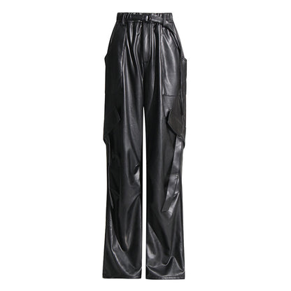 Personalized Trendy Women Casual Leather Pants Autumn Niche Design Tooling Wide Leg Faux Leather Trousers for Women