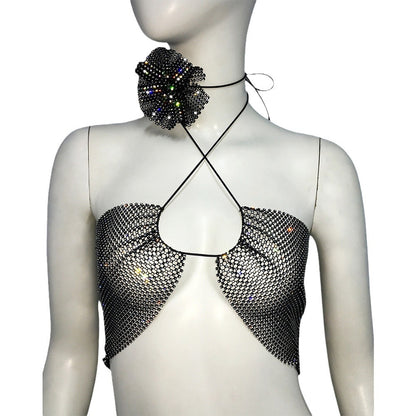 Ropa de mujer Fishnet Rhinestone Halter Spaghetti Straps Camelia Rhinestone Top Chaleco sexy de dos piezas