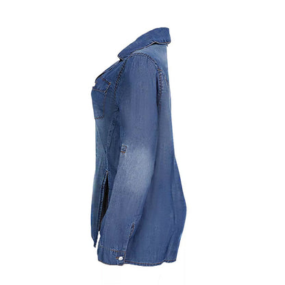 Women Denim Shirts Button Roll Sleeve Split Hem Denim Shirt for Women