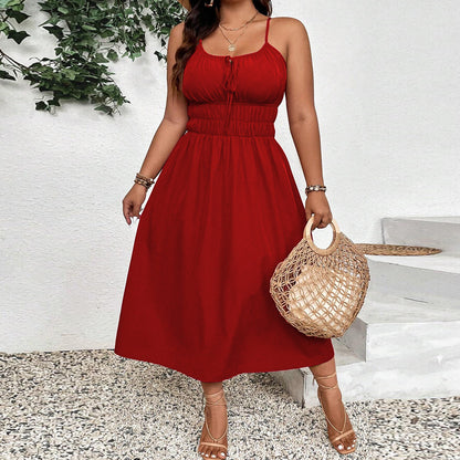 Plus Size Women Retro Artistic Strap Dress Elegant Seaside Holiday Dress