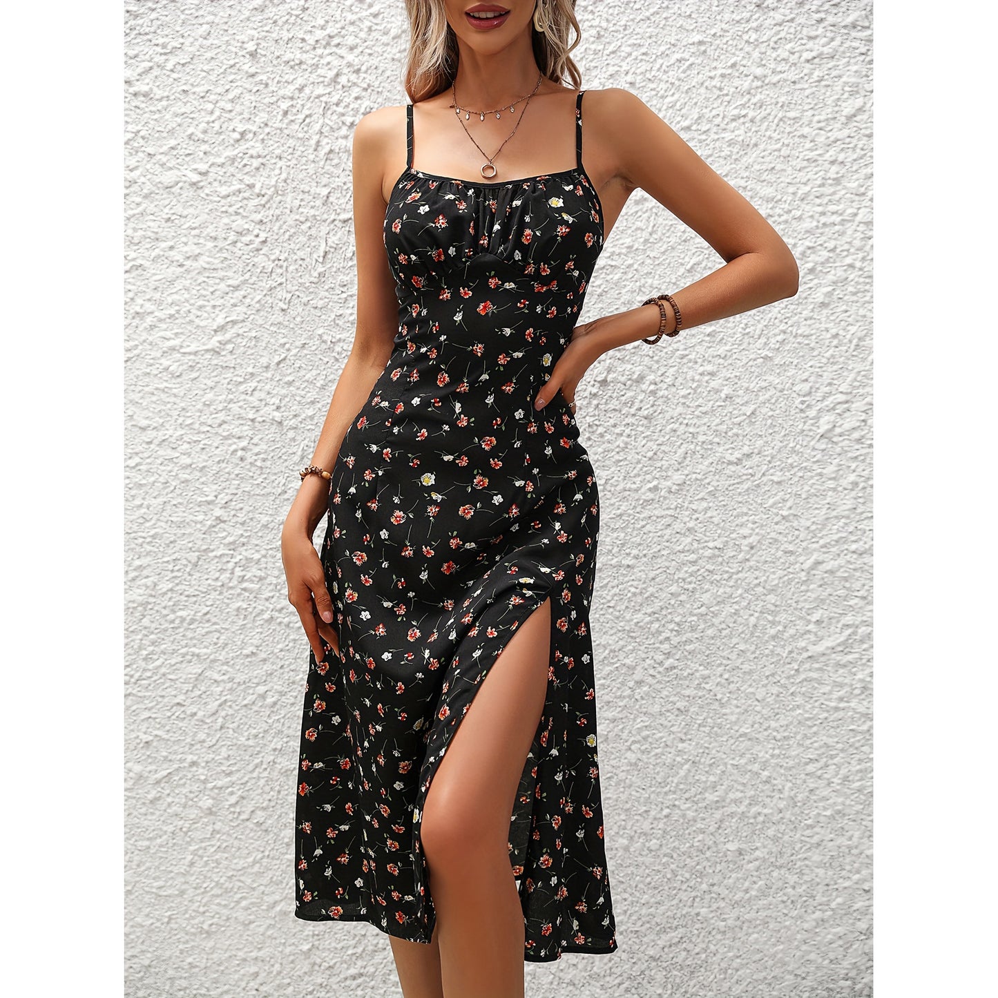 Vestido floral dividido con tirantes sexy de primavera para mujer occidental