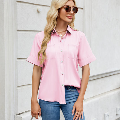 Women Clothing Spring Summer One Breasted Imitation Denim Short Sleeve Loose Shirt