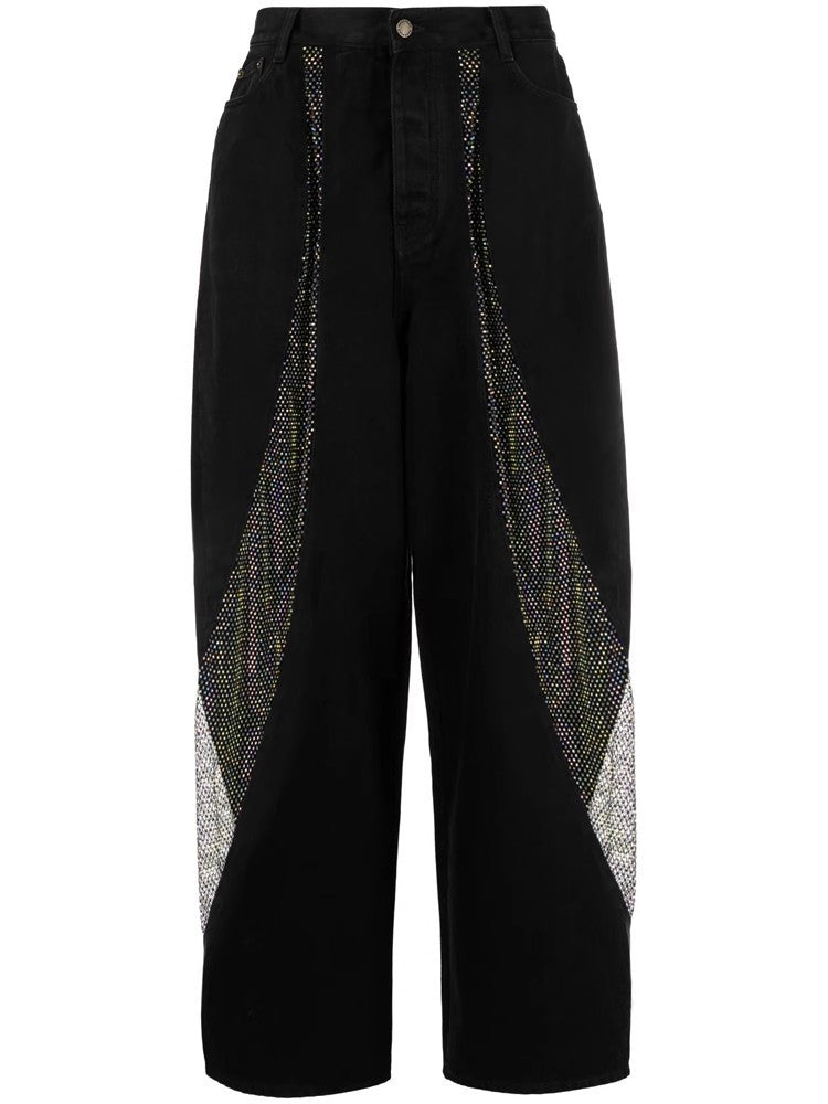 Minority Hollow Out Cutout Durchsichtiges Mesh Laser-Strass-Nähte Verwaschene, getragene Jeans mit hoher Taille und weitem Bein für Damen