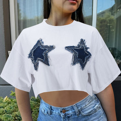 Women Clothing Sexy Loose Exposed Cropped Denim Patch round Neck Short Sleeve T shirt Top