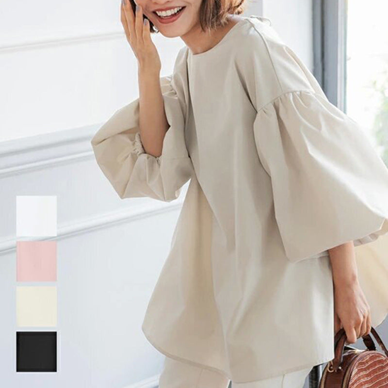 Summer Loose Large Women Shirt Cotton Oversized Lantern Sleeve Round Neck Top