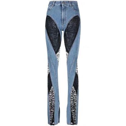 Niche Deconstruction Fashionable Sexy Line Color Contrast Patchwork Lace High Waist Slimming Jeans Trousers for Women