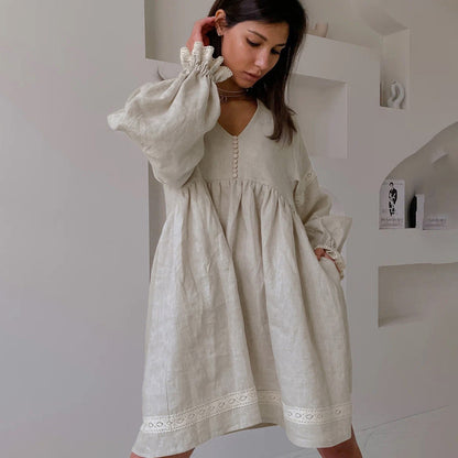 Women Clothing Summer Cotton Linen French Dress Office V neck Lantern Sleeve Loose Dress