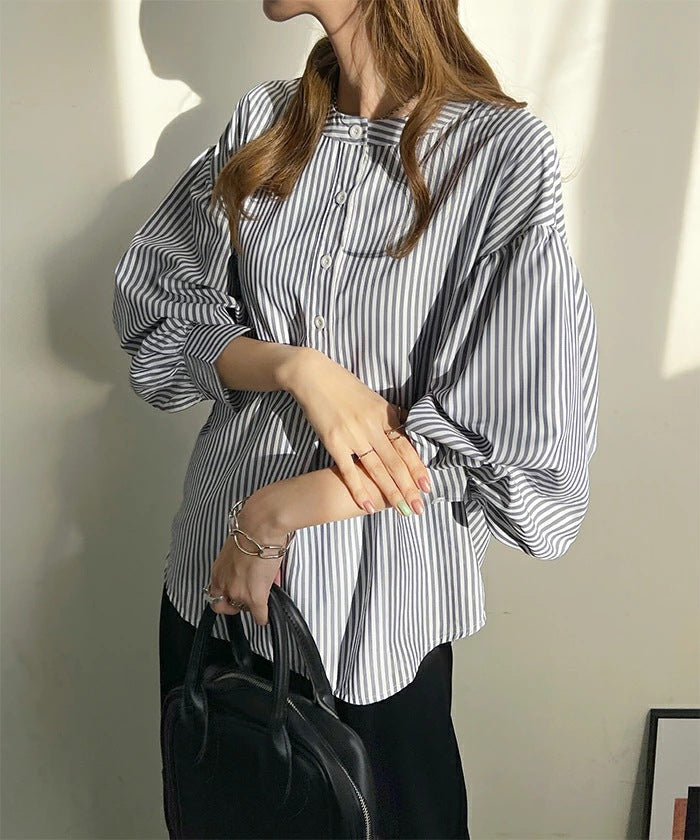 Women Shirt Summer Loose High Grade 7 Color Striped Lantern Sleeve Top Women