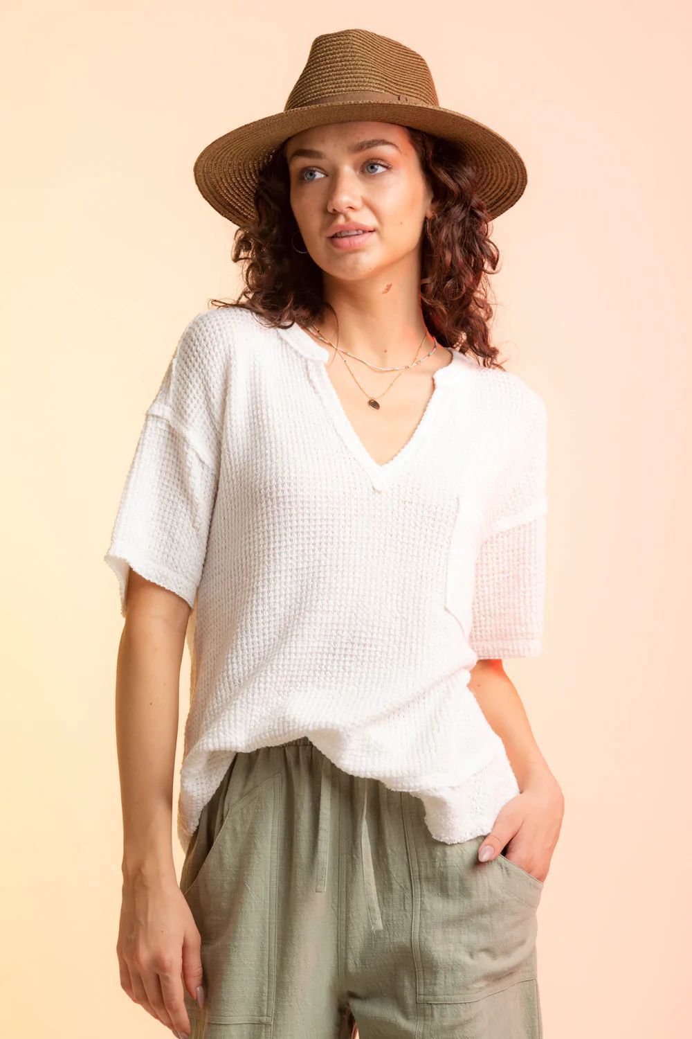 Summer Women T shirt Short Sleeve V neck Waffle Top